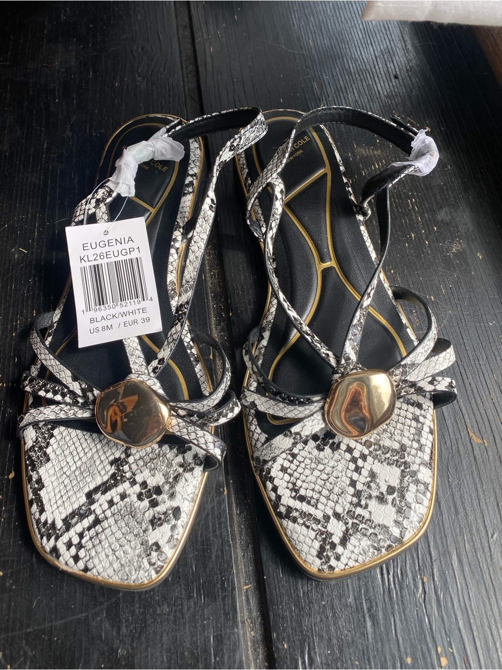 Michael Kors Black & White Snake-Print Strappy Sandals with Gold Medallion